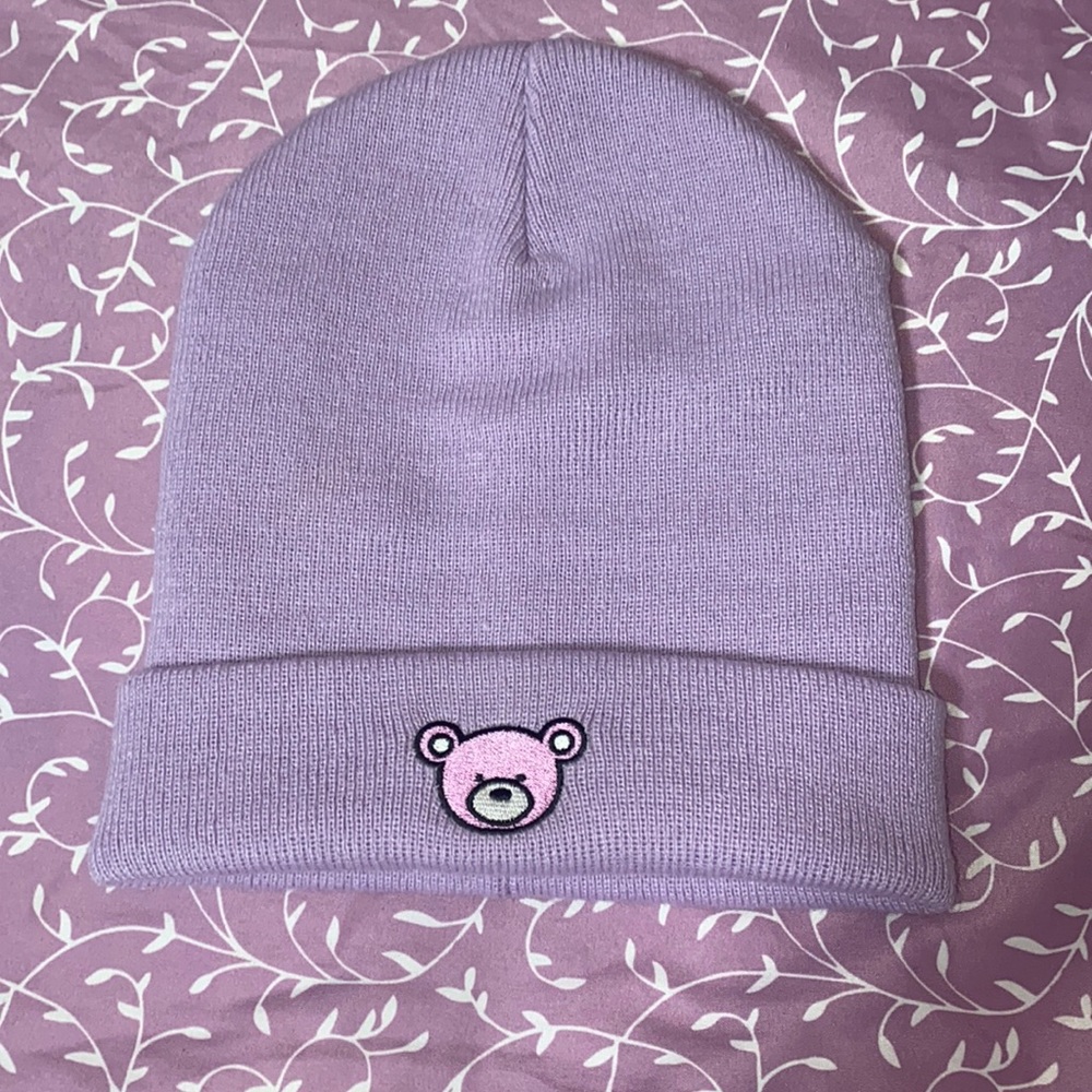 Purple beanie with bear